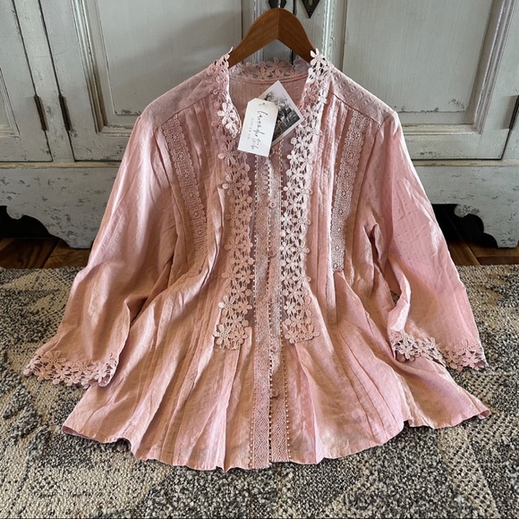 New Pink Lace Button Front Blouse Top Feminine 3/4 Sleeve Shirt Top Western Boho - Picture 3 of 8
